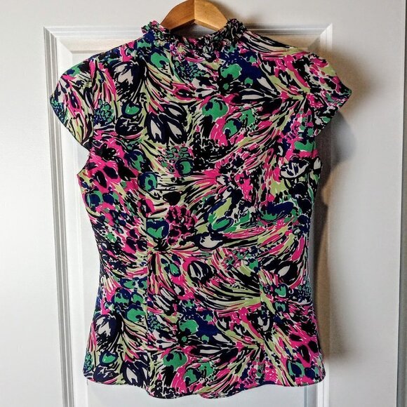 Tahari Silk Pleat Front Ruffled Collar Print Top - Picture 3 of 7